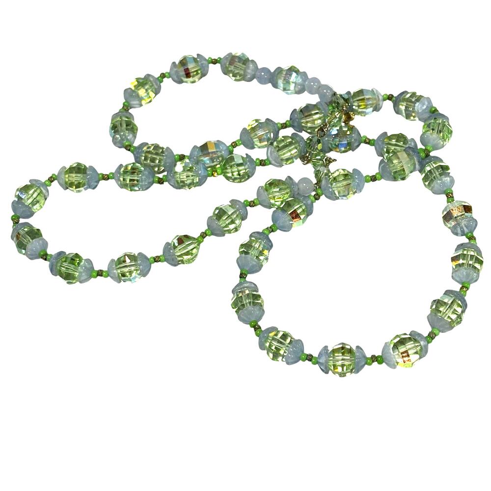 Translucent green beaded necklace sparkling AB finish crystal faceted beads